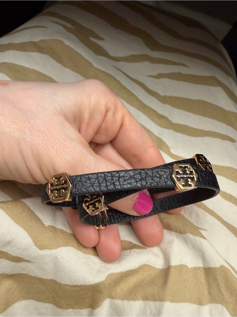 Tory Burch Black Leather Double-Wrap Bracelet with Gold Logo Studs Worn once